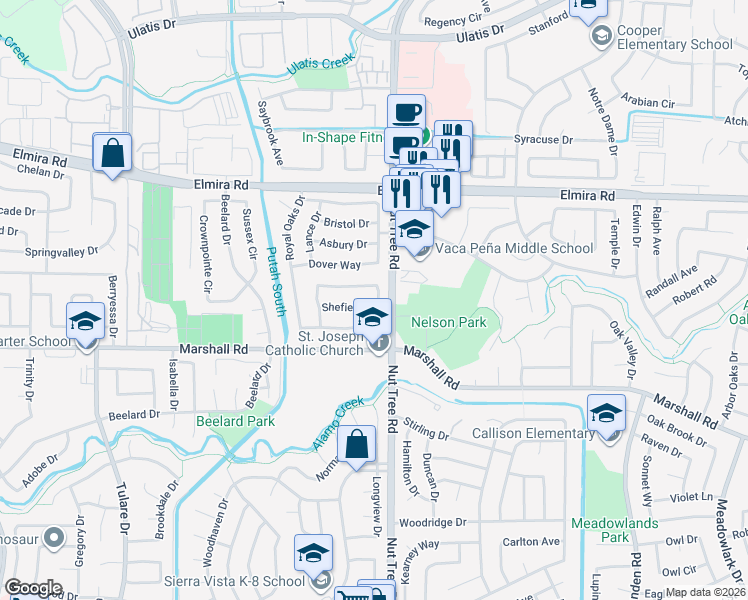 map of restaurants, bars, coffee shops, grocery stores, and more near 161 Shefield Drive in Vacaville