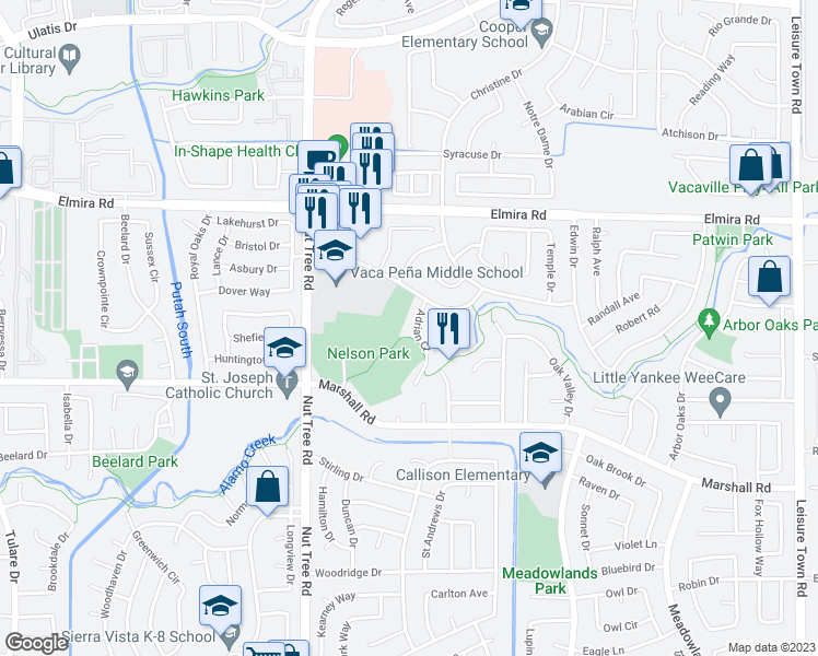 map of restaurants, bars, coffee shops, grocery stores, and more near 130 Adrian Court in Vacaville