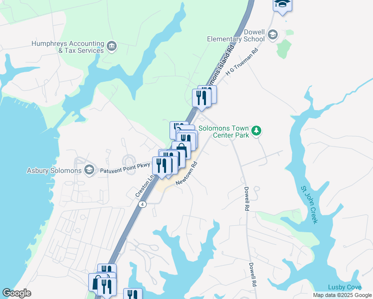 map of restaurants, bars, coffee shops, grocery stores, and more near 13300 H G Trueman Road in Lusby