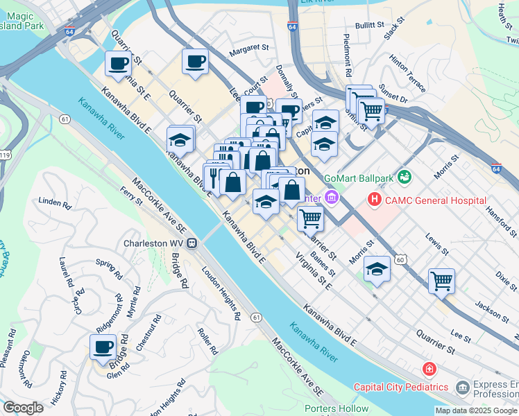 map of restaurants, bars, coffee shops, grocery stores, and more near 1009 Virginia Street East in Charleston