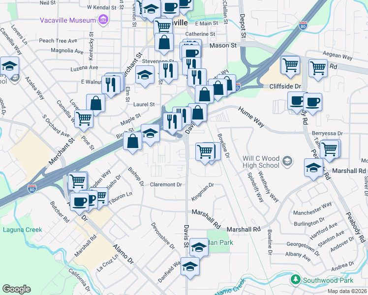 map of restaurants, bars, coffee shops, grocery stores, and more near 888 Davis Street in Vacaville