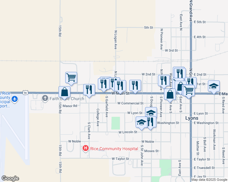 map of restaurants, bars, coffee shops, grocery stores, and more near 117-127 South Logan Avenue in Lyons
