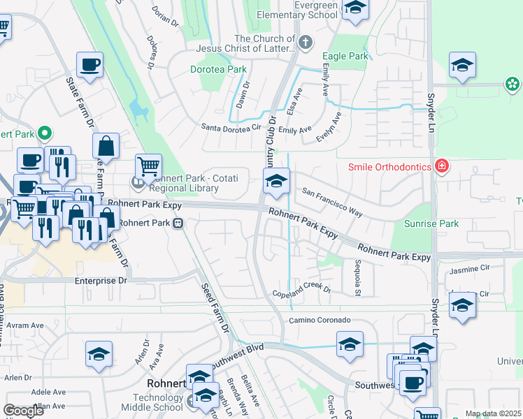 map of restaurants, bars, coffee shops, grocery stores, and more near Rohnert Park Expressway & Country Club Drive in Rohnert Park