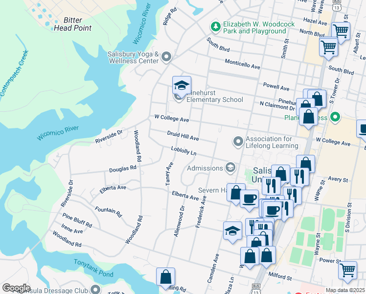 map of restaurants, bars, coffee shops, grocery stores, and more near 509 Loblolly Lane in Salisbury