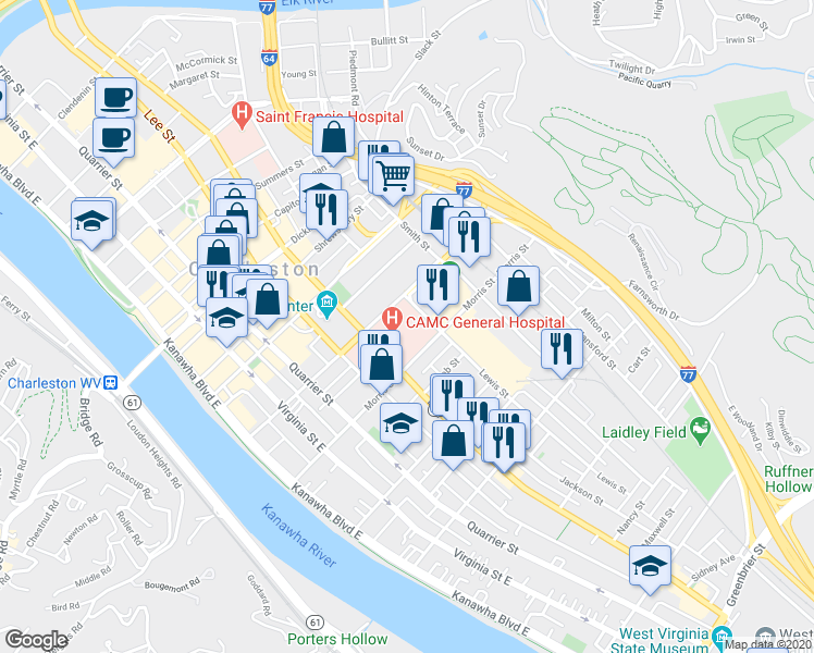 map of restaurants, bars, coffee shops, grocery stores, and more near 501 Morris Street in Charleston