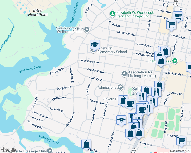 map of restaurants, bars, coffee shops, grocery stores, and more near 509 Loblolly Lane in Salisbury