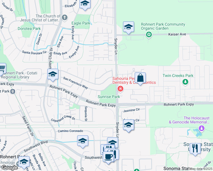 map of restaurants, bars, coffee shops, grocery stores, and more near 1076 San Francisco Way in Rohnert Park