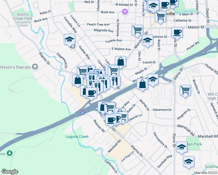 map of restaurants, bars, coffee shops, grocery stores, and more near 911 Merchant Street in Vacaville