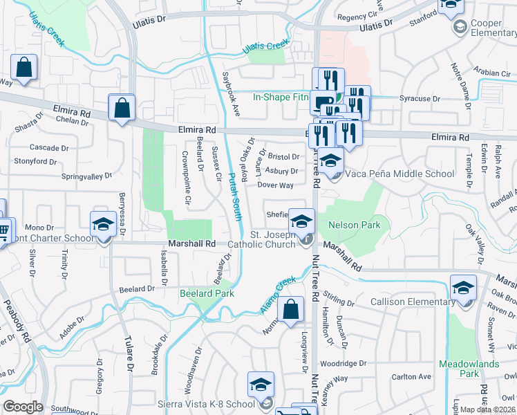 map of restaurants, bars, coffee shops, grocery stores, and more near 131 Kenyon Drive in Vacaville