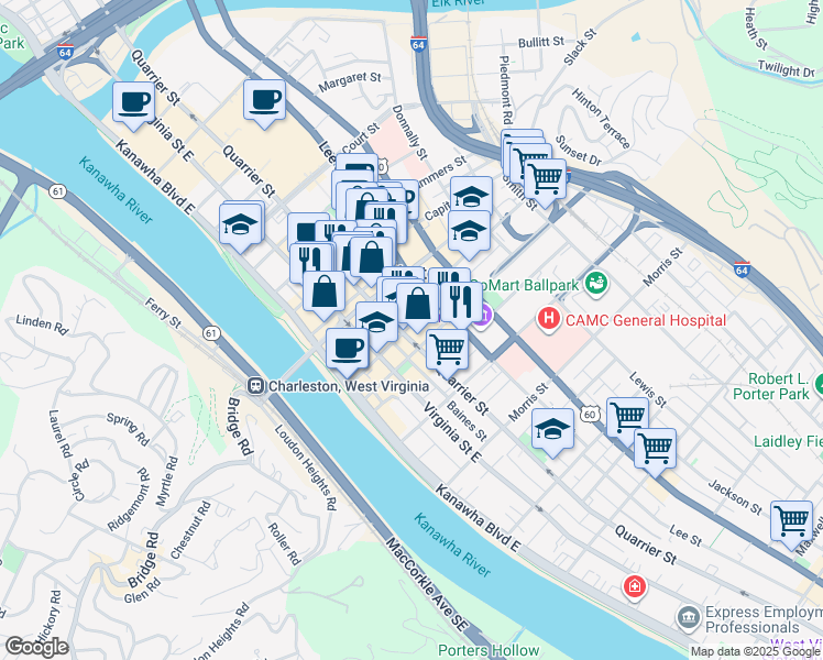 map of restaurants, bars, coffee shops, grocery stores, and more near in Charleston