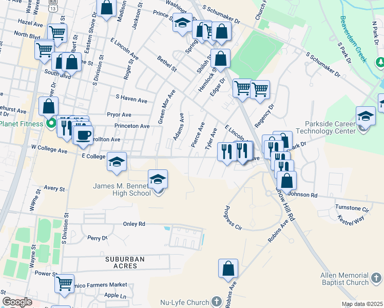 map of restaurants, bars, coffee shops, grocery stores, and more near 504 East College Avenue in Salisbury