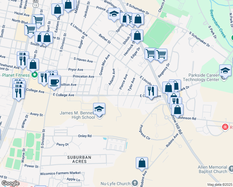 map of restaurants, bars, coffee shops, grocery stores, and more near 504 East College Avenue in Salisbury