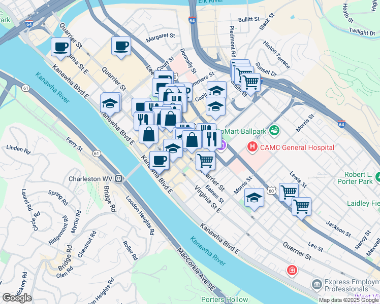 map of restaurants, bars, coffee shops, grocery stores, and more near in Charleston