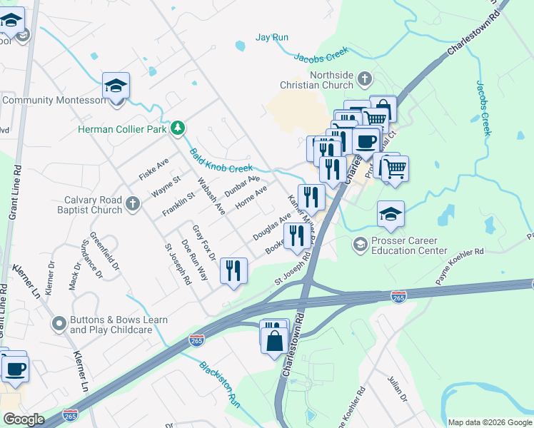 map of restaurants, bars, coffee shops, grocery stores, and more near 3900 Douglas Avenue in New Albany