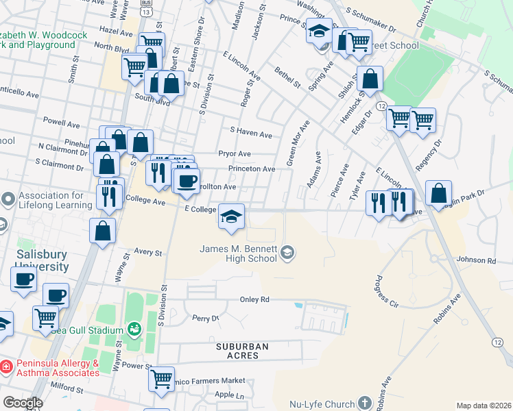 map of restaurants, bars, coffee shops, grocery stores, and more near 323 East College Avenue in Salisbury