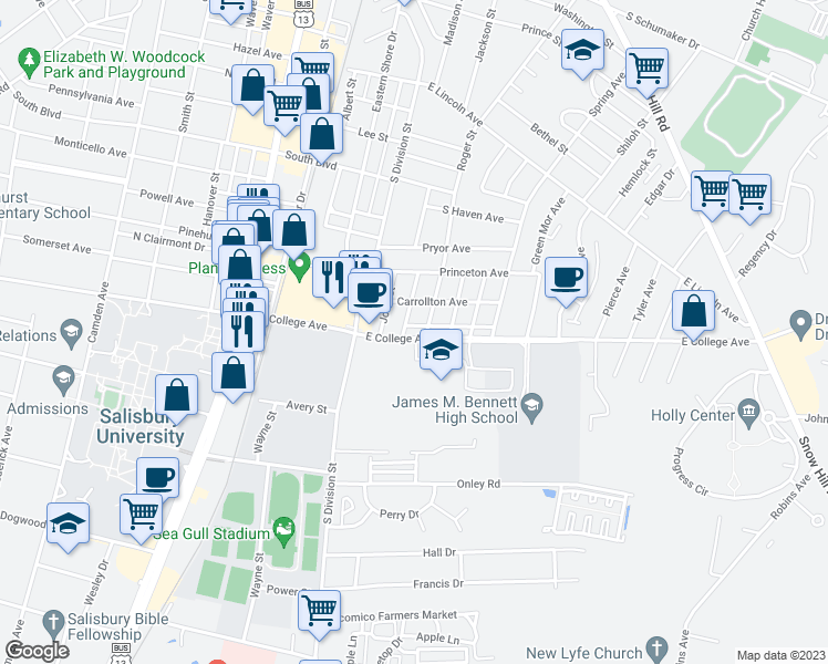 map of restaurants, bars, coffee shops, grocery stores, and more near 207 East College Avenue in Salisbury