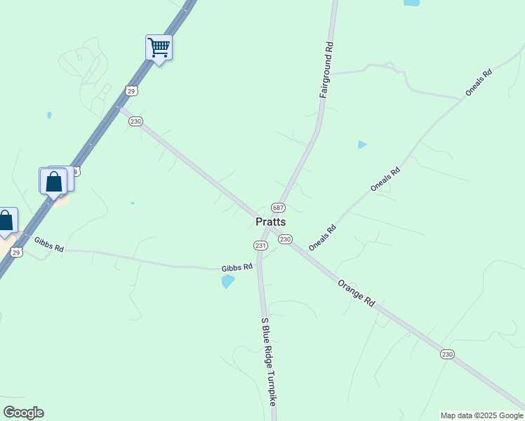 map of restaurants, bars, coffee shops, grocery stores, and more near 601 Orange Road in Pratts