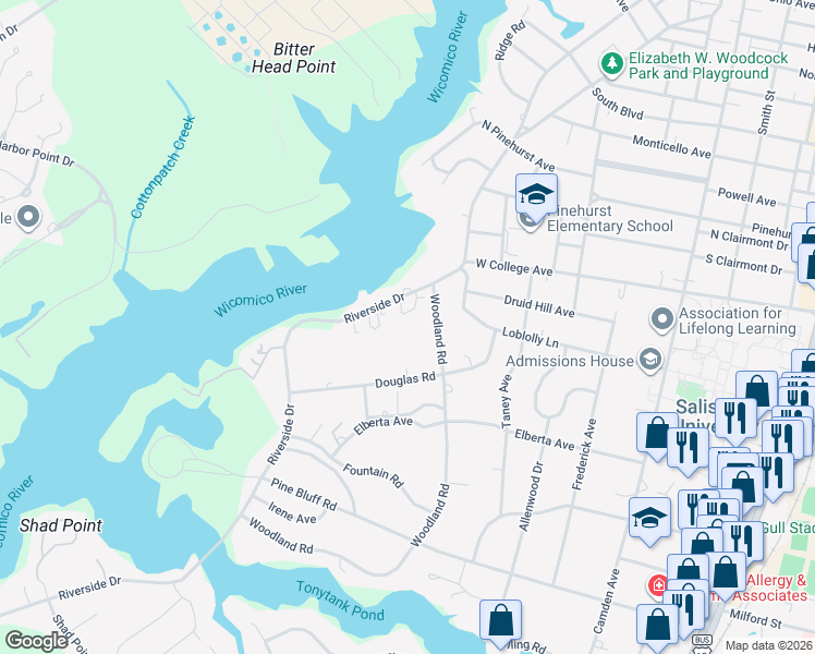 map of restaurants, bars, coffee shops, grocery stores, and more near 1110 Woodland Road in Salisbury