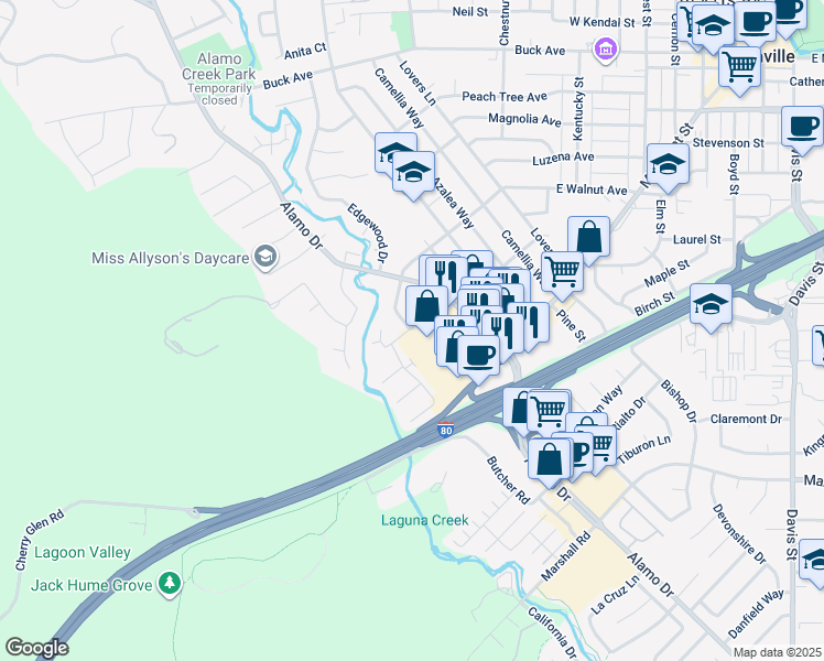 map of restaurants, bars, coffee shops, grocery stores, and more near 113 Fairoaks Drive in Vacaville