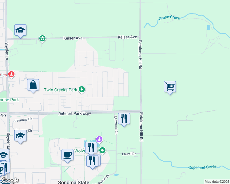 map of restaurants, bars, coffee shops, grocery stores, and more near 5868 Kristina Place in Cotati