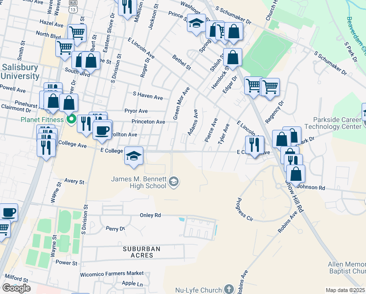 map of restaurants, bars, coffee shops, grocery stores, and more near 432 East College Avenue in Salisbury