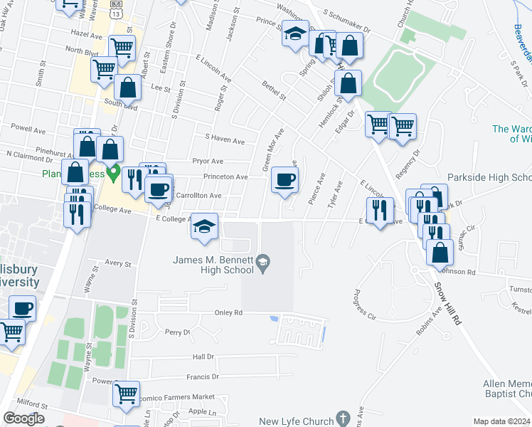 map of restaurants, bars, coffee shops, grocery stores, and more near 1018 Arthur Court in Salisbury