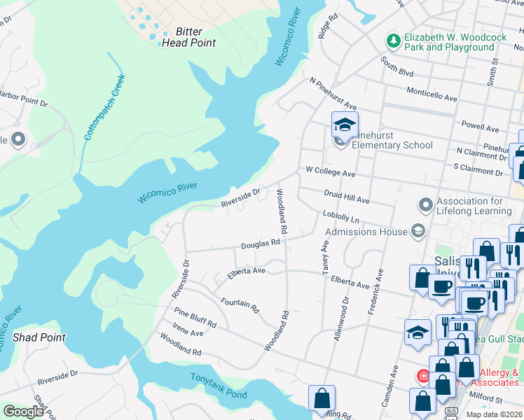map of restaurants, bars, coffee shops, grocery stores, and more near 1110 Woodland Road in Salisbury