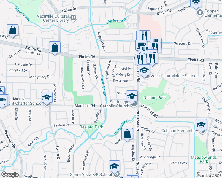 map of restaurants, bars, coffee shops, grocery stores, and more near 438 Royal Oaks Drive in Vacaville