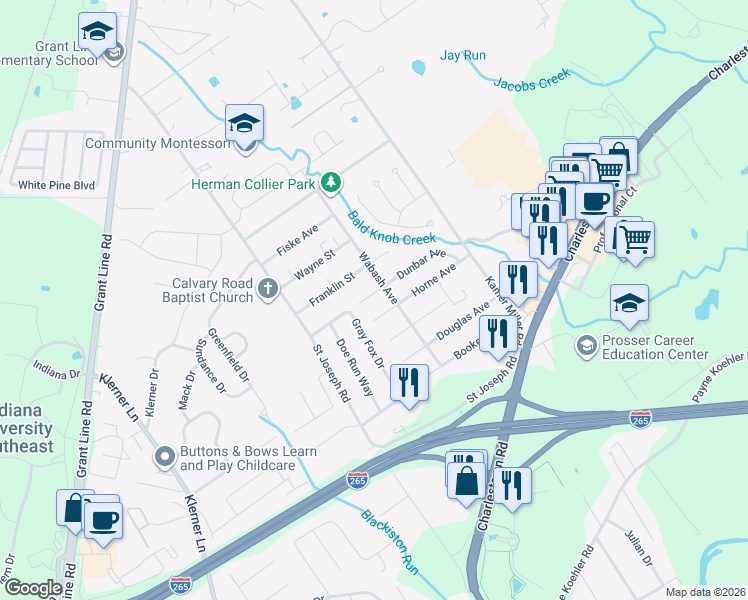map of restaurants, bars, coffee shops, grocery stores, and more near 3832 Horne Avenue in New Albany