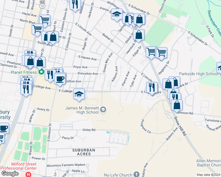 map of restaurants, bars, coffee shops, grocery stores, and more near 1007 Adams Avenue in Salisbury