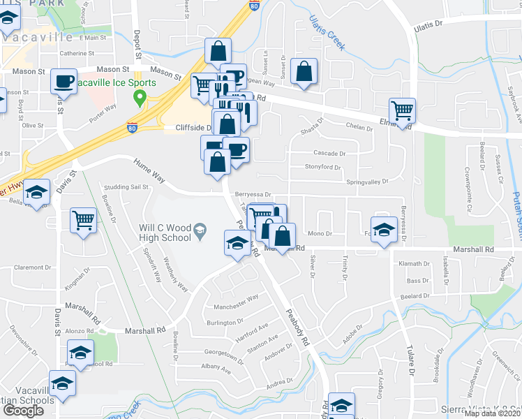 map of restaurants, bars, coffee shops, grocery stores, and more near 100 Donner Drive in Vacaville