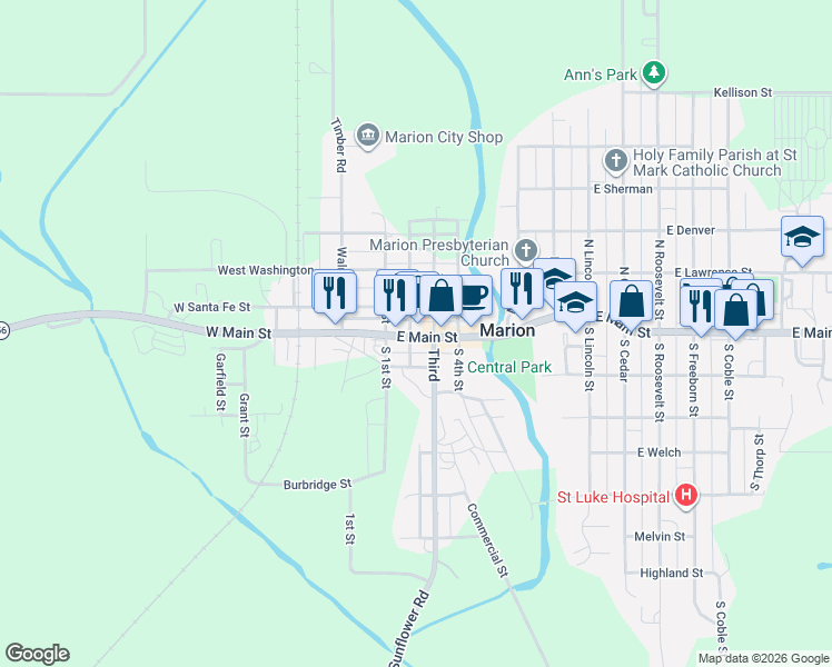 map of restaurants, bars, coffee shops, grocery stores, and more near 199 Santa Fe Street in Marion