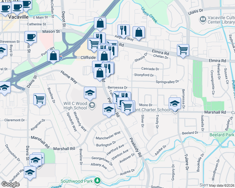 map of restaurants, bars, coffee shops, grocery stores, and more near 100 Donner Drive in Vacaville