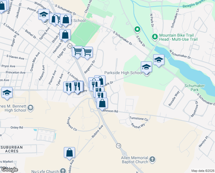 map of restaurants, bars, coffee shops, grocery stores, and more near 912 Beaglin Park Drive in Salisbury