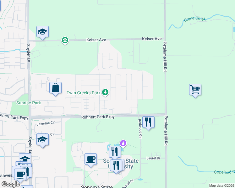 map of restaurants, bars, coffee shops, grocery stores, and more near 5633 Kelsey Place in Cotati