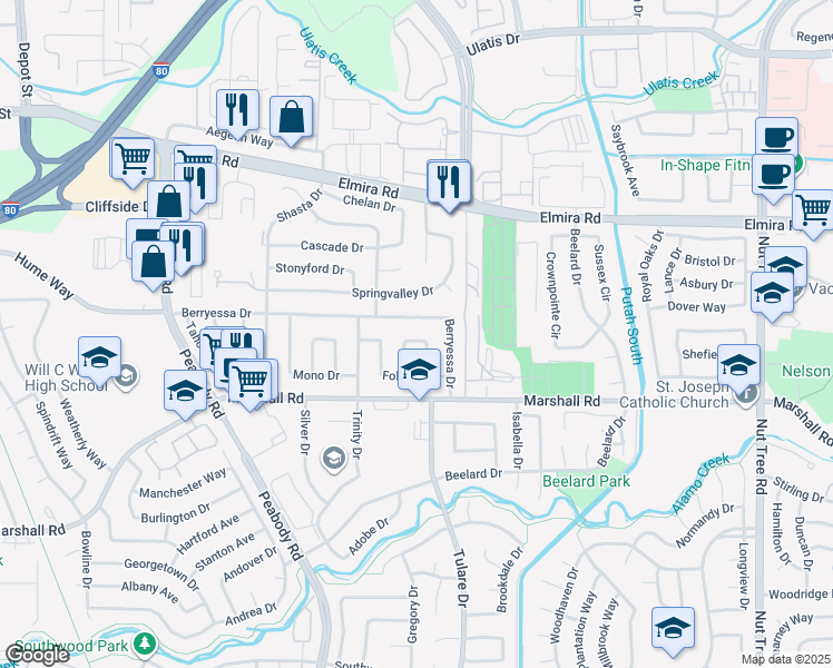 map of restaurants, bars, coffee shops, grocery stores, and more near 354 Havasu Drive in Vacaville