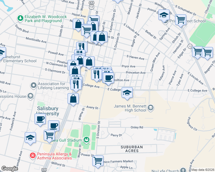 map of restaurants, bars, coffee shops, grocery stores, and more near 106 Carrollton Avenue in Salisbury