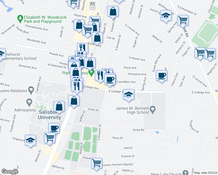 map of restaurants, bars, coffee shops, grocery stores, and more near 106 Carrollton Avenue in Salisbury