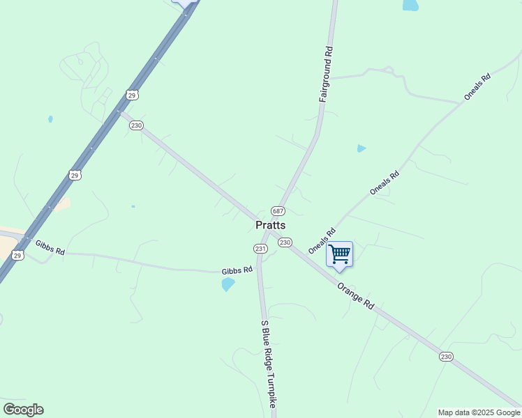 map of restaurants, bars, coffee shops, grocery stores, and more near 601 Orange Road in Pratts