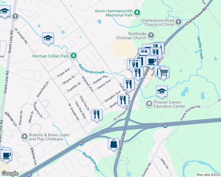map of restaurants, bars, coffee shops, grocery stores, and more near 3928 Horne Avenue in New Albany