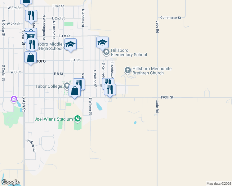 map of restaurants, bars, coffee shops, grocery stores, and more near 906 East D Street in Hillsboro