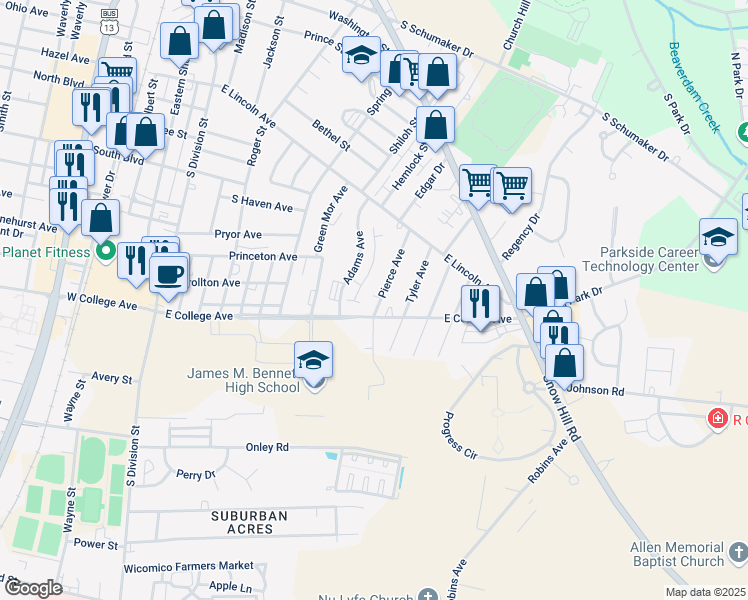 map of restaurants, bars, coffee shops, grocery stores, and more near 1030 Pierce Avenue in Salisbury