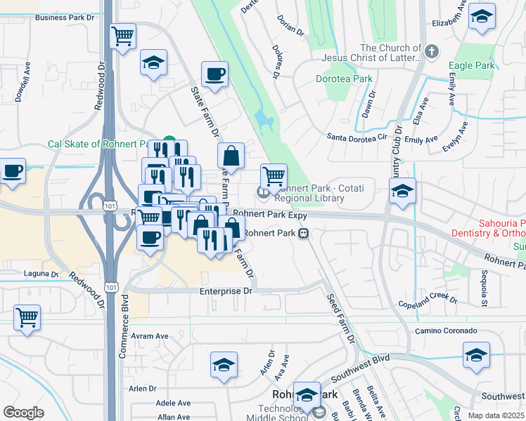 map of restaurants, bars, coffee shops, grocery stores, and more near 8670 Rohnert Park Expressway in Rohnert Park