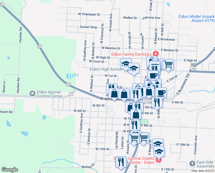 map of restaurants, bars, coffee shops, grocery stores, and more near 401 West 2nd Street in Eldon