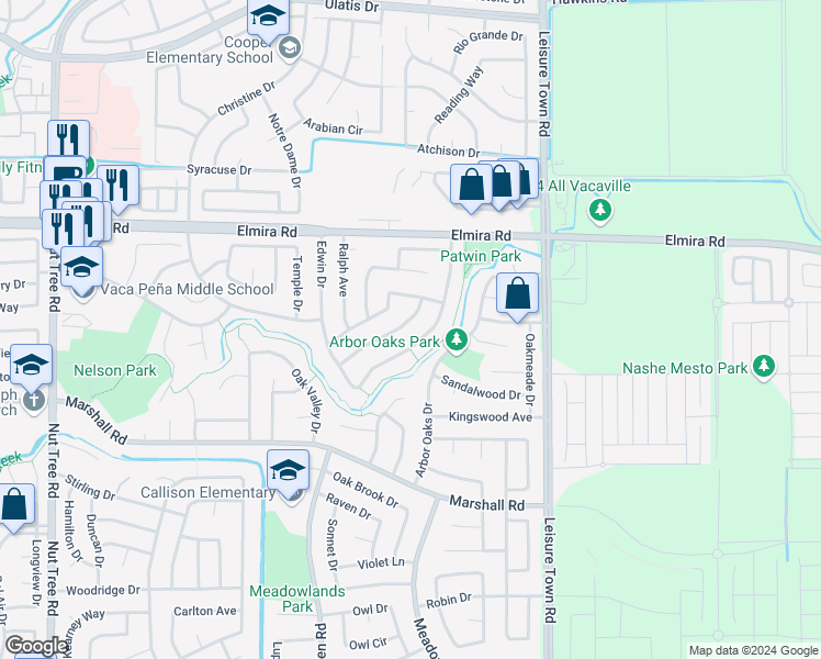 map of restaurants, bars, coffee shops, grocery stores, and more near 468 Robert Road in Vacaville