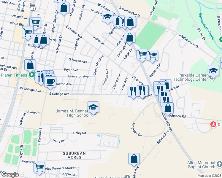 map of restaurants, bars, coffee shops, grocery stores, and more near 1022 Pierce Avenue in Salisbury