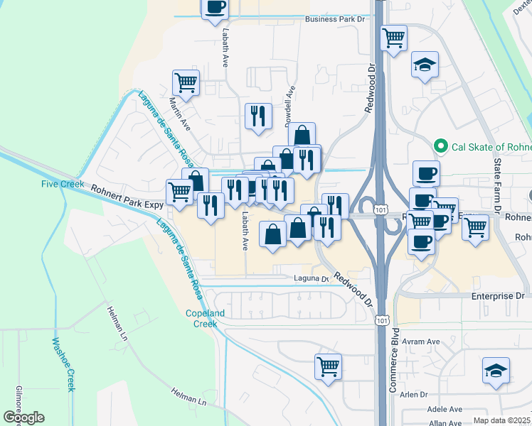 map of restaurants, bars, coffee shops, grocery stores, and more near 439 Rohnert Park Expressway in Rohnert Park