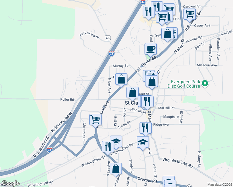 map of restaurants, bars, coffee shops, grocery stores, and more near 126 State Highway 47 in Washington