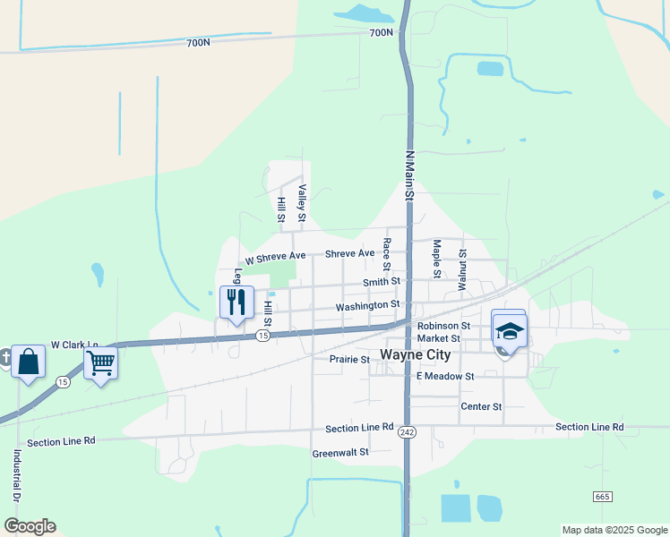 map of restaurants, bars, coffee shops, grocery stores, and more near 403 Shreve Avenue in Wayne City