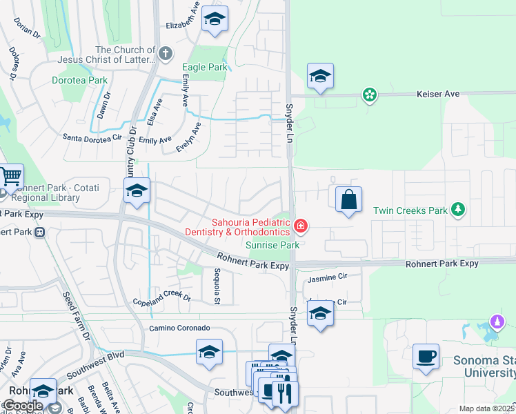map of restaurants, bars, coffee shops, grocery stores, and more near 1164 Santa Cruz Way in Rohnert Park